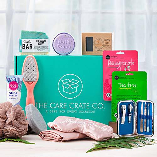 Women’s Spa Day Gift Box - Gift Box for Women - Happy Face Soap, Beach Bum Soap, Revele Manicure Set, Eos Shea Butter Hand Cream & Lip Balm