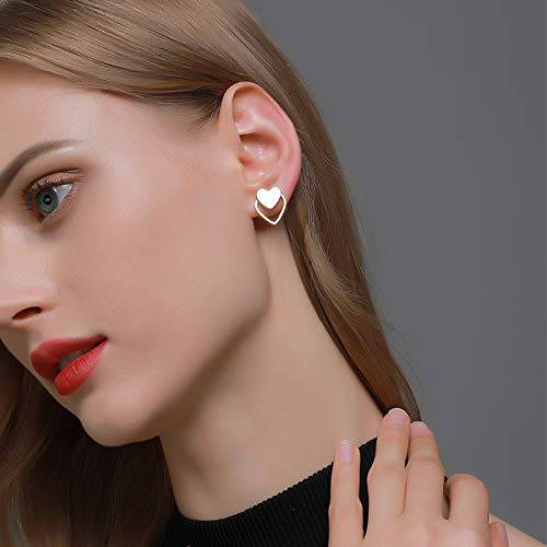 YienDoo Fashion Double Heart Stud Earrings Dainty Dangle Hollow Heart Shaped Hoop Ear Silver Earrings for Women and Girls