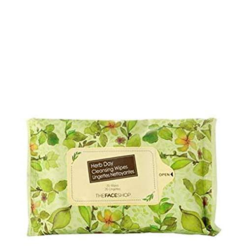 The Face Shop Herb Day 365 Cleansing Wipes | Practical Cleansing Wipes for Makeup Residues & Impurities Removal | Eye Make Up Remover | Enriched with 9 Herbs for Moisturizing & Low-Irritant, 20 Ct.