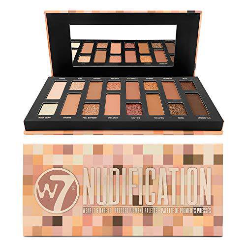W7 Nudification Pressed Pigment Palette - 16 High Impact Nude Colors - Flawless Long-Lasting Glam Makeup