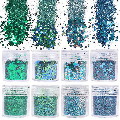 besharppin 8 Boxes Glitters Sequins, Chunky and Fine Glitter Mixed for Body Face Hair Makeup Nail Art (Green and Blue)