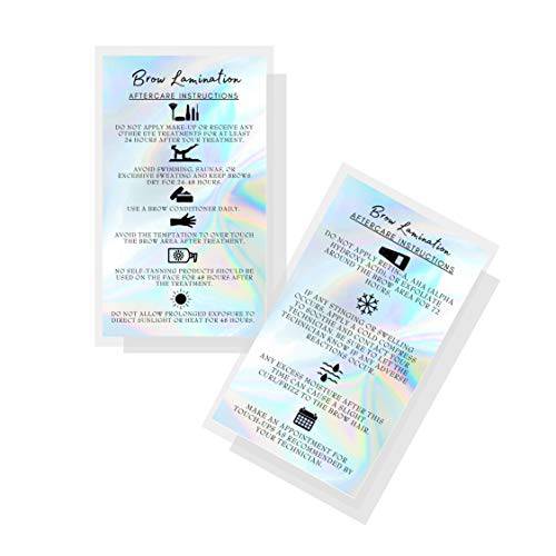 Brow Lamination Aftercare Cards | 50 Pack | 2x3.5” inches Business Card Size | Starter Lift Kit At Home DIY Brow Lift and Tint | Snatched Brows Non Reflect Matte Rainbow Holographic Look Design
