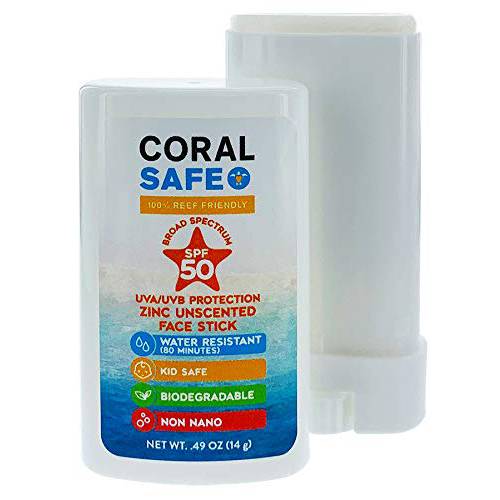 Coral Safe SPF 30 Face Stick Mineral Sunscreen with Vitamin E, Biodegradable, Reef Safe, Octinoxate & Oxybenzone Free, Water Resistant, Made in USA with Natural Ingredients, Hawaii & Mexico Approved