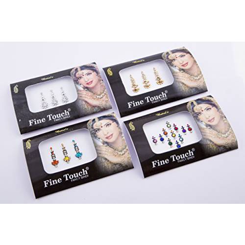 4 Pack Gold, Silver and Multi-color Assorted Size Bollywood Head Bindi Tattoo Indian Art Rhinestone Stickon Reuseable