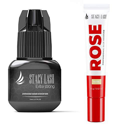 Rose Cream Remover + Extra Strong Eyelash Extension Glue - Stacy Lash 5 ml / 0.5-1 Sec Drying time/Retention – 7 Weeks/Maximum Bonding Power/Professional Use Only/Black Adhesive/Cream Remover/ 15g / G