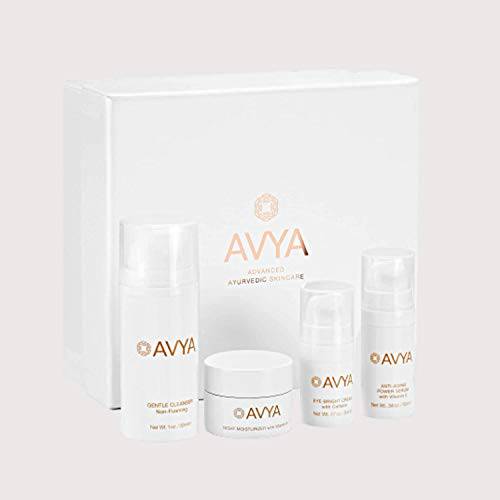 Avya Skincare Discovery Starter Set | Anti-Aging | Gentle Cleanser (15ml) + Anti-Aging Power Serum (10ml) + Eye Bright Cream (5ml) + Night Moisturizer (10ml)