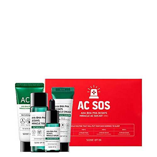 SOME BY MI AHA BHA PHA 30 Days Miracle AC SOS Kit/Clear Foam 1.01OZ, Toner 1.01Oz, Serum 0.33Oz, Cream 0.7Oz / Strengthen Skin Barrier for Sensitive Skin/Acne and Sebum Care/Korean Skincare Set