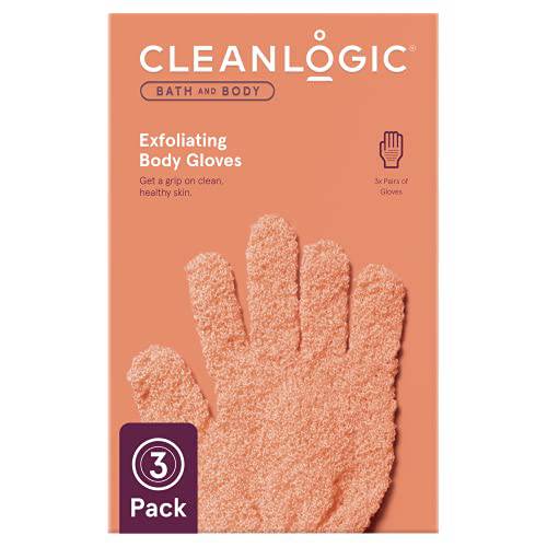Cleanlogic Bath and Body Exfoliating Stretch Bath/Shower Gloves Assorted Colors, 3 Pair - 6 Count