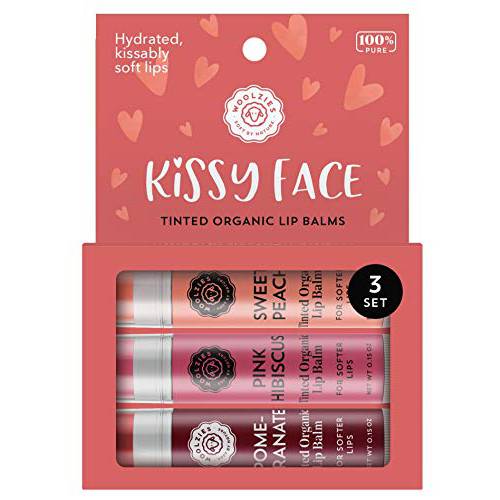 Woolzies Natural Moisturizing Organic Valentine Kissy Face Tinted Lip Balm Variety Pack, Pomegranate, Pink Hibiscus, Sweet Peach