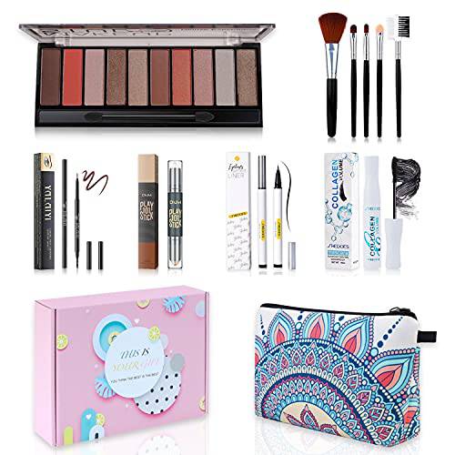 All in One Makeup Kit For Women, 12 Colors Eyeshadow Palette, 3PCS Lipstick, BB Cream Foundation, Blush, Brushes, Eyeliner & Mascara, Eyebrow Pencil, Contour Stick With Cosmetic Bag for Teens Christmas Makeup Gift Set