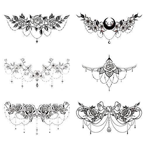 Glaryyears Chest Underboob Temporary Tattoos for Women Adult, 6 Pack Black Fake Realistic Large Long Lasting Creative Removable Tattoo Stickers, Sexy Rose Flower Tramp Stamp Sketch on Body