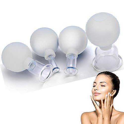 Glass Facial Cupping Set- 4pcs Silicone Vacuum Suction Face Massage Cups Anti Cellulite Lymphatic Therapy Sets for Eyes, Face and Body (White)
