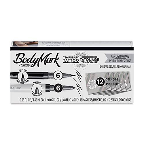 BodyMark by BIC, Temporary Tattoo Marker, Skin Safe, Mixed Brush & Fine Tip Set, Black, 12-Pack with Stencils