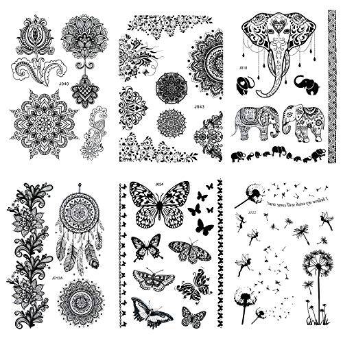 Temporary Tattoos for Women 6 Pack Henna Tattoo Stickers for Adults Women & Girls Metallic Black Lace Body Art Large Big Arm
