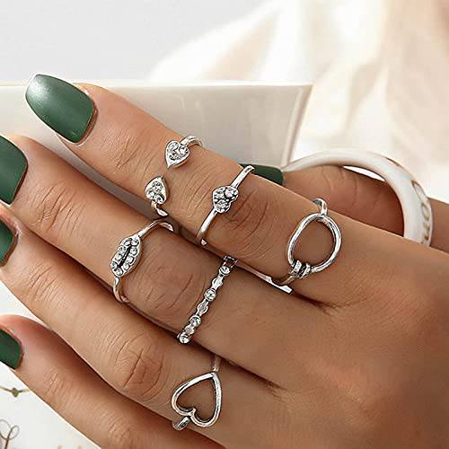 YienDoo Boho Vintage Gemstone Knuckle Rings Set Silver WaterCrystal Joint Rings Stackable Carved Flower Index Finger Rings Little Finger Ring for Women and Teen Girls (7Pcs)