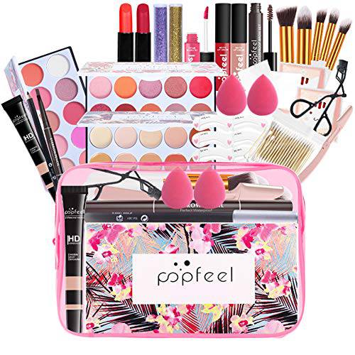 Joyeee Women Makeup Kit, Full Cosmetics Kit Includes Pink Red Eyeshadow Palette, Makeup Brushes, Concealer, Liquid Foundation, Makeup Sponge, Eyebrow Sticker & Knife, Cotton Swab, Makeup Travel Bag