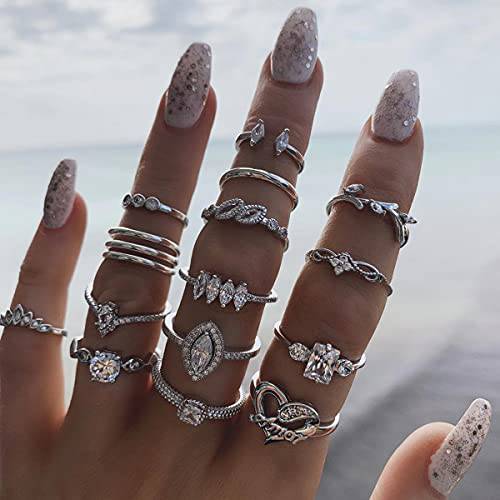 Bufenia Knuckle Stacking Rings Crystal Retro Stackable Rings Sets Turquoise Rhinestone Midi Finger Rings for Women and Teen Girls (B:Crystal)