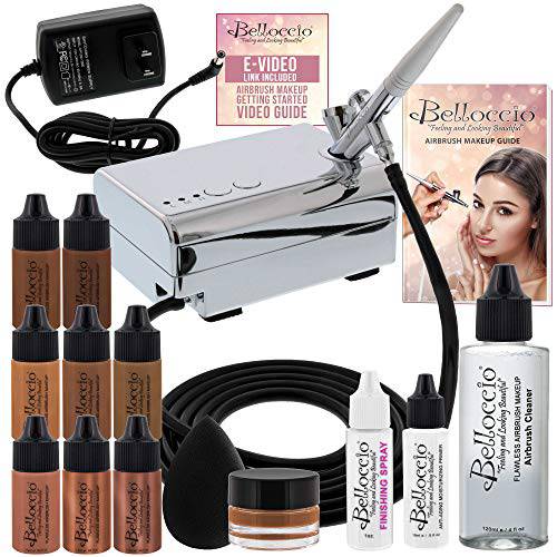 Belloccio Professional Beauty Airbrush Cosmetic Makeup System with 5 Dark Shades of Foundation in 1/4 oz Bottles - Kit includes Blush, Bronzer and Highlighters
