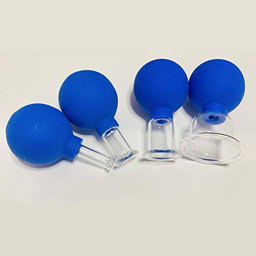 4 Pieces Glass Facial Cupping Set, Silicone Vacuum Suction Massage Cups, Lymphatic Therapy Sets, Professional Cupping Set for Face and Body (Blue)