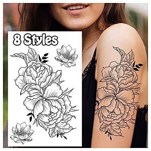 Cerlaza Temporary Tattoos for Women Adults, Flower Fake Semi Permanent Long Lasting Tattoo Stickers, Henna Body Leg Makeup Waterproof Realistic Tattoos Kit-32 Styles on 8 Sheets