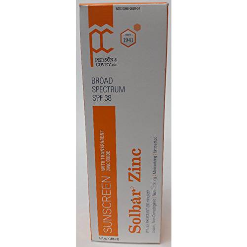 Solbar Suncreen Zinc with Zinc Oxide Spf 38 Unscented Transparent Cream 4 oz Pack of 3