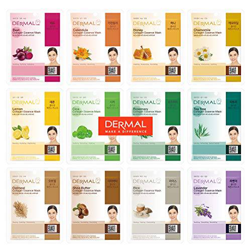 DERMAL 12 Pack Combo New Value Set Collagen Essence Mask Sheet | Sodium Hyaluronate & Hydrolyzed Collagen Nature Made Fresh Mask | Best Korean Skin Care Mask | Paraben-Free
