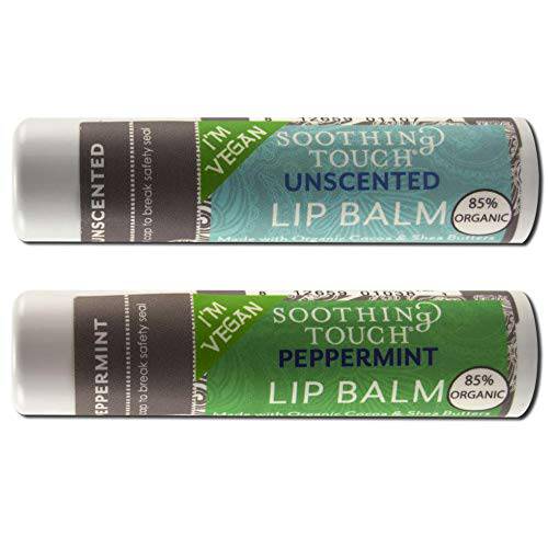 Soothing Touch Vegan Lip Balm - Variety Pack of 2 - Unscented and Peppermint