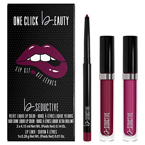 One Click Beauty b.Seductive 3-Piece Lip Kit, Longwear Makeup, Smudge Proof Liquid Lip Colors and a Lip Liner, Velvet Finish, The Berries