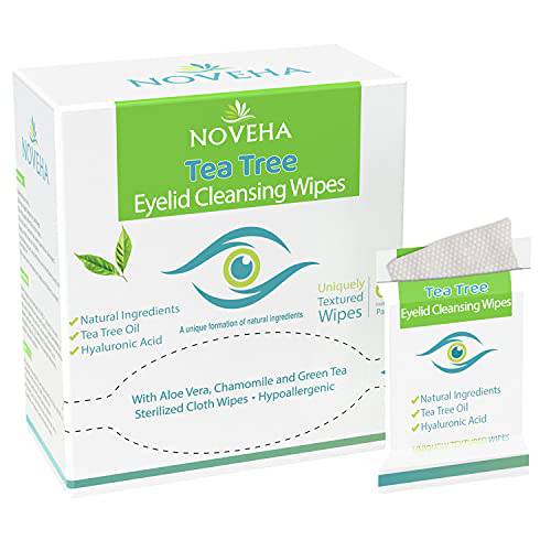 NOVEHA Tea Tree Oil Eyelid & Lash Wipes | With Hyaluronic Acid, Green Tea & Chamomile For Blepharitis, Itchy & Stye Eyes, Individually Wrapped, Natural Eyelash Makeup Remover & Daily Cleanser, 60 Pcs