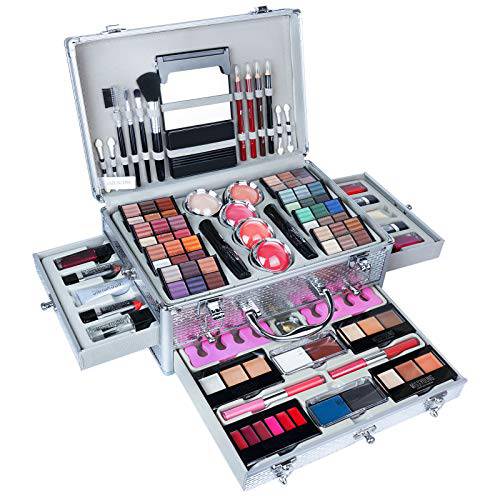JasCherry All-in-One Make-up Box Set Multi-purpose Cosmetic Storage Beauty Case Professional Contain Eyeshadow Concealer Lip gloss Blusher Compact Powder Eyebrow and Makeup Pencil Brush 1