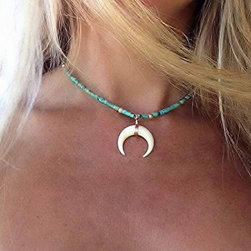 Hannah Boho Layered Turquoise Necklaces Gold Short Moon Beaded Pendant Necklaces Chain Jewelry for Women and Girls