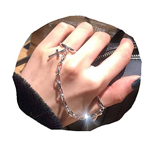 Yheakne Boho Chain Finger Rings Silver Cross Link Chain Rings Stackable Knuckle Rings Vintage Tassel Rings Open Cuff Rings Gothic Statement Ring for Women and Girls (Style B)