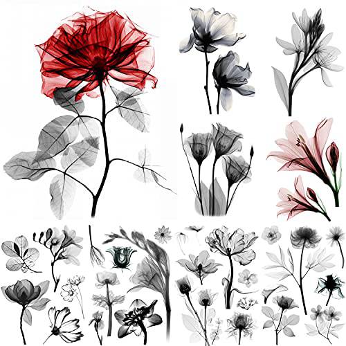GLARYYEARS X-Ray Flower Temporary Tattoo, 9-Pack Creative Realistic Flower Tattoos, Black Floral Design Styles Variety Pack Fake Tattoo Stickers for Women Girls, Long-lasting Tattoos for Body Arm