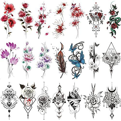 Glaryyears Floral Temporary Tattoos for Women, 21-Pack Large Mandara Fake Tattoo Stickers, Flower Tattoos Design Variety Pack, Watercolor Realistic Tattoos on Body Arm Chest Back Leg