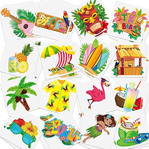 144 Pieces Hawaiian Temporary Tropical Temporary Sticker Waterproof Temporary Hawaiian Hawaiian Themed Sticker with Palm Tree Pineapple for Birthday Party Summer Decoration, 16 Styles
