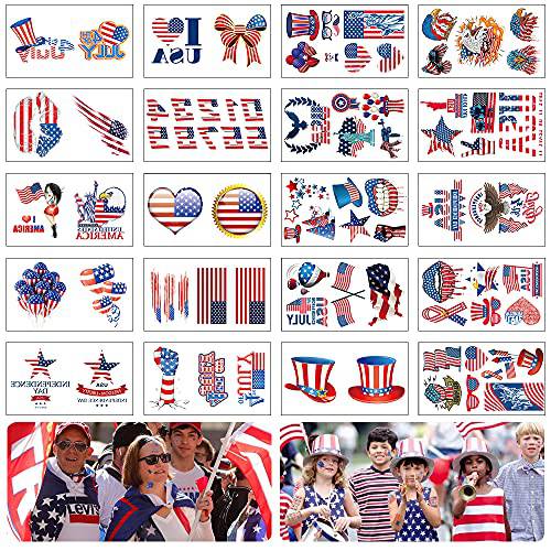 Fourth of July Temporary Tattoos,Independence Day,4th of July,Patriotic Temporary Tattoos for USA Party Favors Decoretions Accessories,American Flag Red White & Blue Design,USA Stickers for Labor Day Memorial Day Party Supplies Set,American Flag Stars Peace Love & More