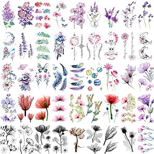 Glaryyears X-Ray Flower Temporary Tattoos for Women, 45 Pack Small Realistic Fake Tattoo Stickers, Long Lasting Watercolor Floral Feather Design Collection, Sexy for Girls on Face Body Hand Arm