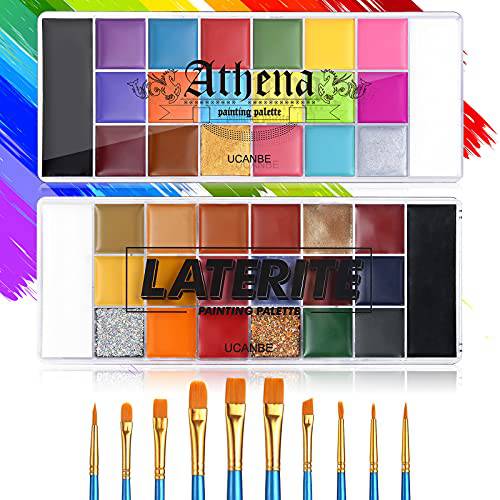 UCANBE Face Body Paint Oil Palette Set - 2 x 20 Colors with 10 Blue Paint Brushes Makeup Kit for Halloween Cosplay Special Effects SFX Party Stage (Set 01)