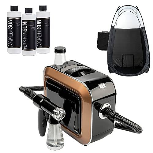 Naked Sun Onyx Spray Tan Machine with Honey Glow Spray Tan Solution and Black Tanning Tent Bundle (5 Items): including Dark Bronze, Violet and Rapid Airbrush Sunless Self Tan Solutions