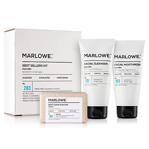 MARLOWE. Best Sellers Kit | No. 203 | Features Signature Body Scrub Soap Bar, Men’s Facial Cleanser & Facial Moisturizer | Great Gift for Men