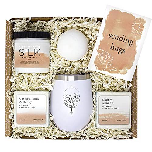 Get Well Soon Gifts for Women - Sending Hugs Spa Gift Box Care Package for Friends - Sympathy Thinking Of You Recovery Feel Better Soon Gift Basket includes Tumbler, Soaps, Body Butter, and Bath Bomb
