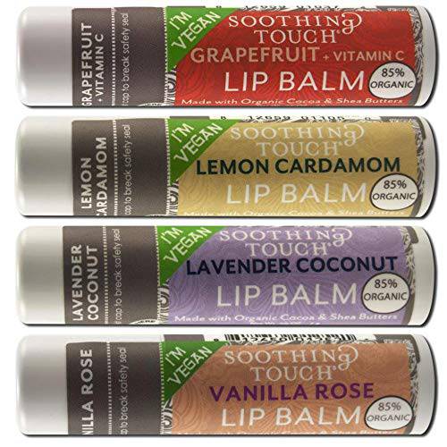 Soothing Touch Vegan Lip Balm - Grapefruit, Lemon Cardamom, Coconut Lavender, Vanilla Rose - Variety Pack of 4