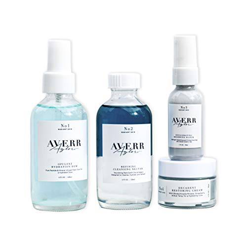 Averr Aglow Forever Radiant Kit, Anti-Aging Cleansing Dew Moisturizer, Recover Skincare Hydration Set, Natural Dark Spot Remover for Face, Facial Cleanser, 4PC