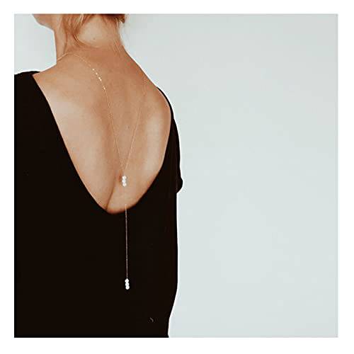 Yheakne Boho Pearl Back Chain Necklace Gold BackNecklace Body Chain Bridal Back Chain Summer Beach Body Jewelry for Women and Girls Gifts (Gold)