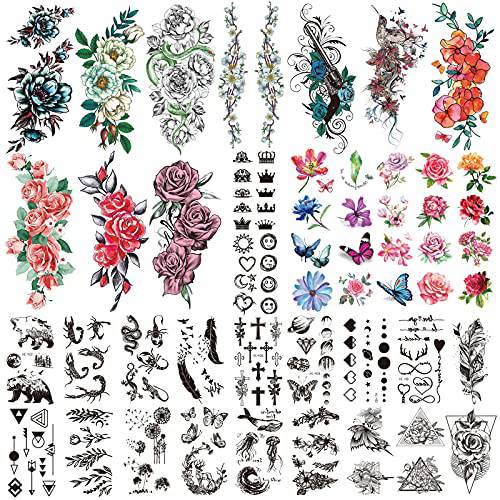 Ooopsiun 50 Sheets 3D Flowers Temporary Tattoos for Women Men Waterproof Roses Black Tiny Crown Scorpion feather Letters Lines Arm Neck Face Tattoo Sticker Kit