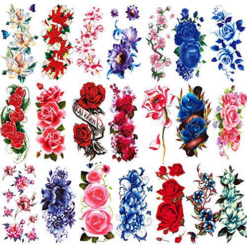 Kotbs 21 Sheets Sexy Flower Temporary Tattoos for Women, Waterproof 3D Bright Flora Tattoo Stickers for Girls, Rose, Peach Blossom, Chrysanthemum Various Tattoo Flower Temporary Fake Tattoos