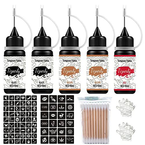 Temporary Tattoo Set, 5Pcs with Three Colors, 78 Pcs Adhesive Stencil (2Black, 2Brown ,1Red)