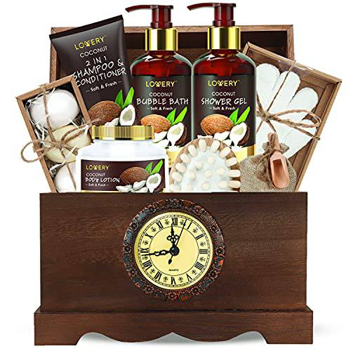 Mens Christmas Gift, Bath Set in a Vintage Style Wooden Clock Box, 13Pc Premium Coconut Spa Kit for Men & Women, Body Lotion, Handmade Soap, Bath Bomb, Coconut Shampoo & Conditioner, Massager and More