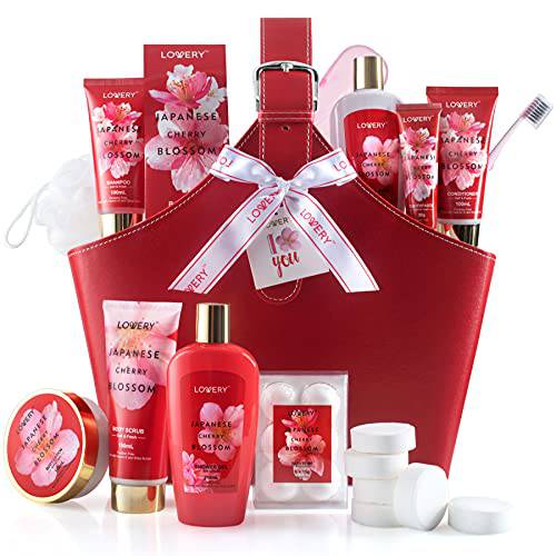 Home Spa Kit Christmas Gift Set, Japanese Cherry Blossom Bath Set, 25Pcs Shower Gel Body Lotion Shower Steamers Shampoo Tooth Paste & Brush in a Leather Tote Bag Luxury Bath & Shower Package for Women