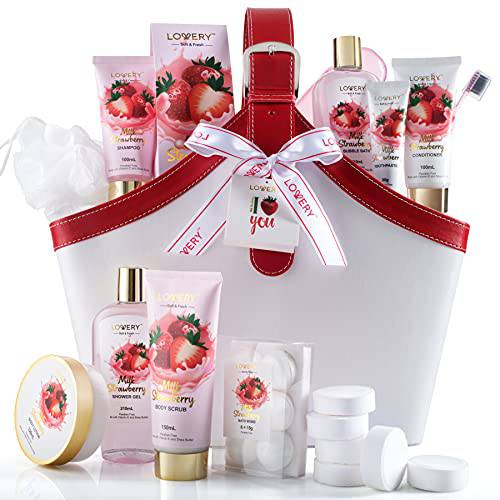 Home Spa Kit Gift Set – Strawberry Milk Christmas Bath Set, 25Pcs, Shower Gel, Body Lotion, Shower Steamers, Shampoo, Tooth Paste & Brush in a Leather Tote Bag - Luxury Bath & Shower Package for Women
